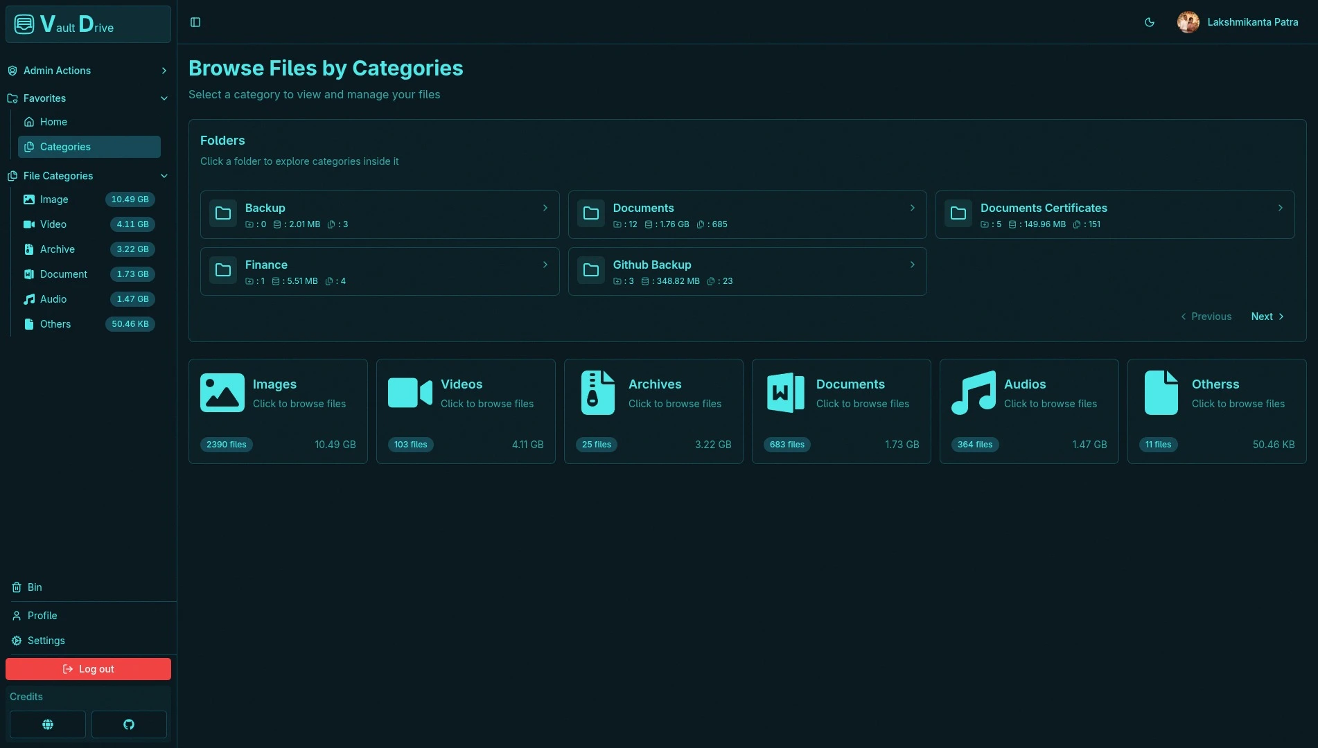 VaultDrive category wise dashboard